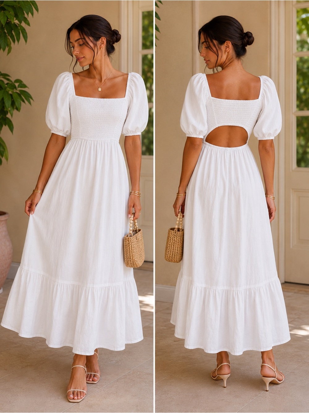 NWT | O.P.T x Tuckernuck | White Smocked Puff Sleeve Maxi Dress - Size Small